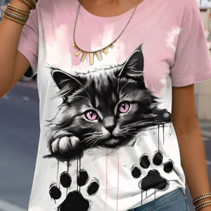 Women's Short Sleeve Tee T-shirt Summer Cat Jersey Crew Neck Daily Going Out Casual Top, JustFashionNow T-Shirts, color:Pink|size:XXL,