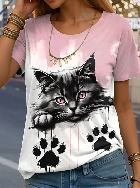 Women's Short Sleeve Tee T-shirt Summer Cat Jersey Crew Neck Daily Going Out Casual Top, JustFashionNow T-Shirts, color:Pink|size:XXL,