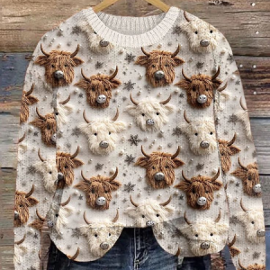 Womens Vintage Highland Cow Loose 3D Printing Crew Neck Casual Sweater, Sweaters, Lilicloth.com