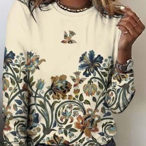 Vintage Floral Crew Neck Long Sleeve T-shirt, T-shirts, color:Apricot|size:5XL, catalog Noracora shop