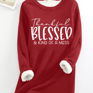 Women's Thankful Blessed & Kind of A Mess Print Fleece Sweatshirt, Hoodies&Sweatshirts, Lilicloth.com
