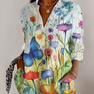 Shirt Collar Long Sleeve Floral Regular Micro-Elasticity Regular Fit Shirt For Women, Shirts, color:Lake Blue|size:5XL, catalog Noracora shop
