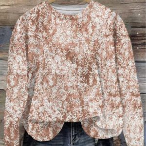 Women's Crew Neck Plants Casual Spring/Fall Cotton Long Sleeve Floral Sweatshirt, JustFashionNow Sweatshirts & Hoodies, color:Apricot|size:5XL,