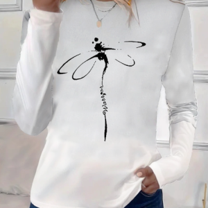 Casual Dragonfly Crew Neck Long Sleeve T-shirt, T-shirts, color:White|size:3XL, catalog Noracora shop