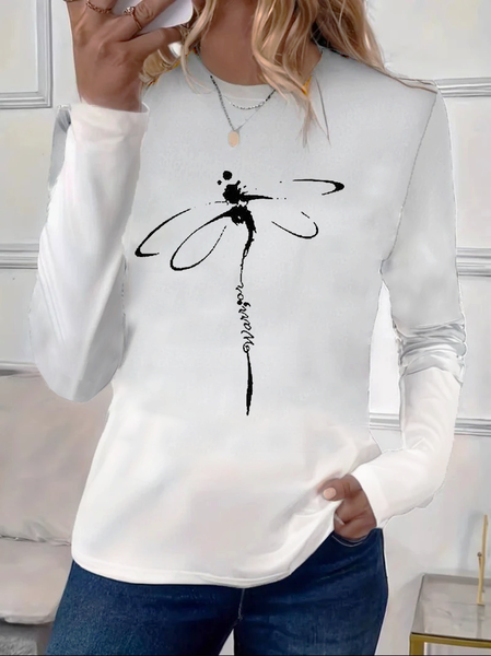 Women's Long Sleeve Tee T-shirt Spring/Fall Dragonfly Printing Crew Neck Casual Graphic Tee Top, JustFashionNow T-Shirts, color:White|size:3XL,