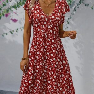 Floral Slim Pullover Women's Dress Short Sleeve Floral Weaving Dress, Short, color:Red|size:XS, catalog Noracora shop