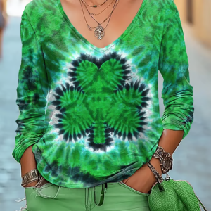Women's St. Patrick's Day Tie-Dye Shamrock Print Casual Long-Sleeve T-Shirt, Long sleeves, Lilicloth.com