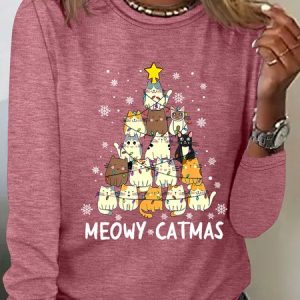 Meowy Catmas Casual Long Sleeve Shirt, Long sleeves, Lilicloth.com