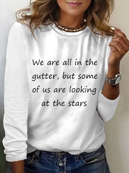 Text letters Print Long Sleeve Crew Neck T-shirt, Long sleeves, Lilicloth.com