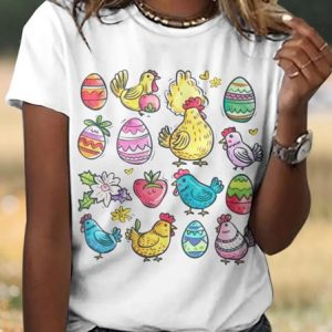 Casual Easter Eggs Animal Crew Neck Short Sleeve T-shirt, T-shirts, color:White|size:4XL, catalog Noracora shop