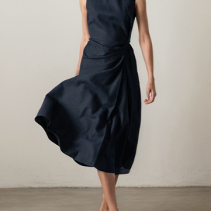 STYLE WE x CHILLINEN |Regular Fit Crew Neck Linen Linen Dress With No, Midi Dresses, color:Deep Blue|size:XXL, Stylewe