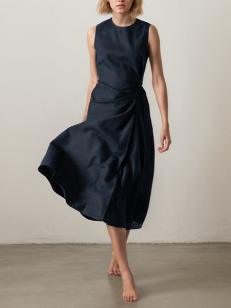 STYLE WE x CHILLINEN |Regular Fit Crew Neck Linen Linen Dress With No, Midi Dresses, color:Deep Blue|size:XXL, Stylewe