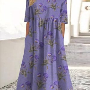 Women Floral Crew Neck Three Quarter Sleeve Comfy Casual Maxi Dress, Maxi, color:Light Purple|size:5XL, catalog Noracora shop