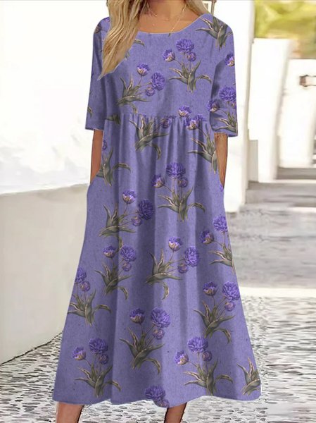Women's Floral Three Quarter Sleeve Spring/Fall Dress Crew Neck Daily Casual Maxi Fit & Flare Dress A-Line Dress, JustFashionNow Dresses, color:Light Purple|size:5XL,