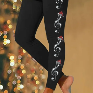 Christmas Treble Clef Printed Casual Leggings, Leggings, Lilicloth.com