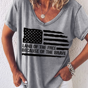 Women's Word Land Of The Free Because Of The Brave American Flag Loose Shirt, T-shirts, Lilicloth.com