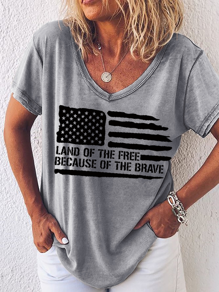 Women's Word Land Of The Free Because Of The Brave American Flag Loose Shirt, T-shirts, Lilicloth.com
