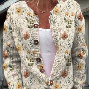Watercolor Garden Floral Pattern Printed Buttoned Cardigan Sweater, Cardigans, Lilicloth.com