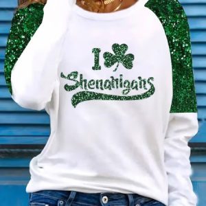 I Clover Shenanigans Women's Sequined St. Patrick's Day Printed Long Sleeve T-Shirt, Long sleeves, Lilicloth.com