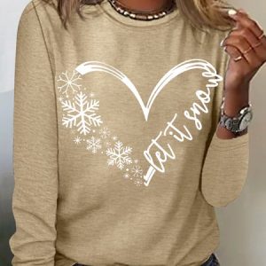 Women's Let It Snow Winter Letters Heart Print Casual Top, Long sleeves, Lilicloth.com