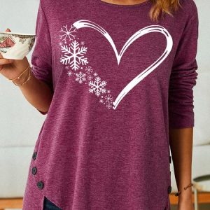Womens Snowflake Heart For Christmas Crew Neck Top, Long sleeves, Lilicloth.com