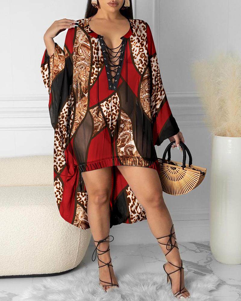 Leopard Pattern Sheer Mesh Lace-up Long Sleeve Dip Hem Cover Ups Vacation Top, women Cover Ups, ChicMe catalog