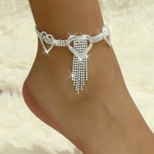 Rhinestone Heart Tassel Anklet Glitter Crystal Fringe Ankle Bracelet, women Anklet, ChicMe catalog