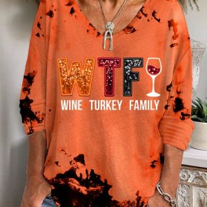 Women's WTF Wine Turkey Family Print V-Neck Long Sleeve Tee, Long sleeves, Lilicloth.com