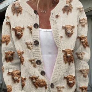 Highland Cow Art Knitted Button Sweater Cardigan, Cardigans, Lilicloth.com