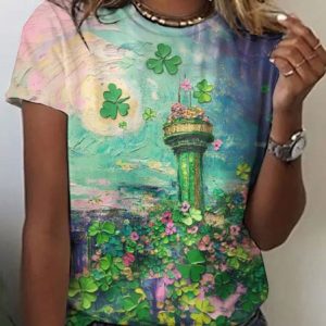 Vintage St. Patrick's Day Animal Crew Neck Short Sleeve T-shirt, T-shirts, color:Green|size:5XL, catalog Noracora shop