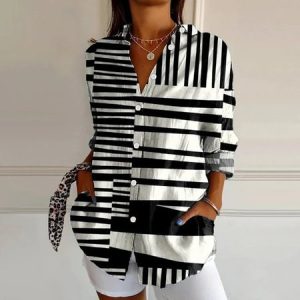 Women's Long Sleeve Shirt Spring/Fall Abstract Shirt Collar Daily Going Out Casual Top, JustFashionNow Blouses, color:Black|size:5XL,