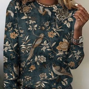 Vintage Flower and Bird Pattern Long Sleeve T-shirt, Long sleeves, Lilicloth.com