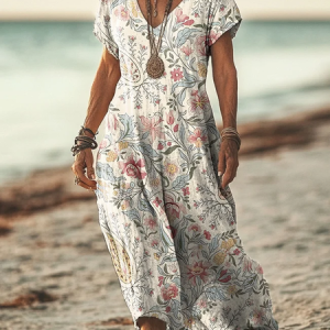 Women's Short Sleeve Summer Floral Printing Dress V Neck Daily Going Out Casual Maxi T-Shirt Dress H-Line Dress, JustFashionNow Casual Dresses, color:White|size:3XL,