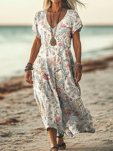 Women's Short Sleeve Summer White Floral Printing V Neck Daily Going Out Casual Maxi T-Shirt Dress Dress, Dresses, Lilicloth.com