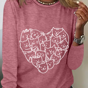 Cat Heart Casual Long Sleeve Shirt, Long sleeves, Lilicloth.com