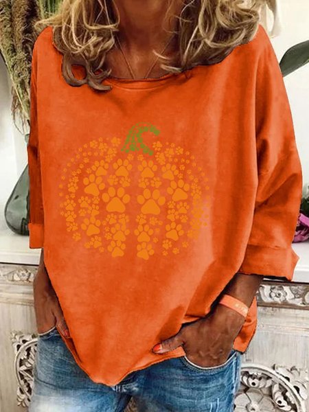 Paw Pumpkin Print Halloween Casual Sweatshirt, Hoodies&Sweatshirts, Lilicloth.com