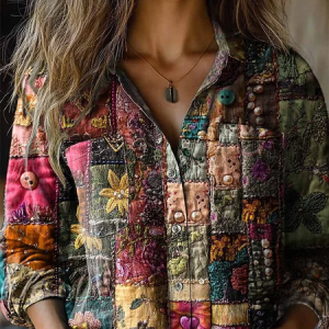Women's Vintage Art Patchwork Floral Print Cotton and Linen Long Sleeve Shirt, Blouses, Lilicloth.com