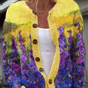 Purple Floral Fiber Art Cozy Knit Cardigan, Cardigans, Lilicloth.com