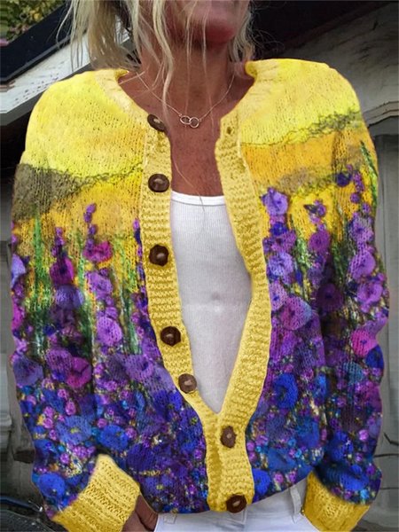 Purple Floral Fiber Art Cozy Knit Cardigan, Cardigans, Lilicloth.com