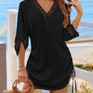 V-Neck Roll Up Sleeve Drawstring Hollow-out Mini Dress Vacation Shirt Dress, women Cover Ups, ChicMe catalog