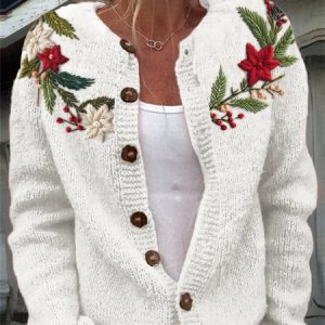 Knitted Casual Crew Neck Floral Cardigan, Cardigans, Lilicloth.com