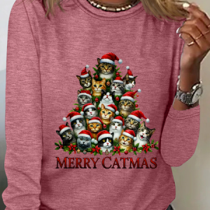 Merry Christmas Cats Art Print Casual Long Sleeve Shirt, Long sleeves, Lilicloth.com
