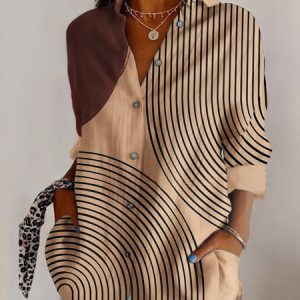 Women's Long Sleeve Shirt Spring/Fall Geometric Cotton Shirt Collar Daily Going Out Casual Top, JustFashionNow Blouses, color:Light Brown|size:5XL,