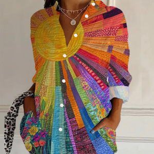 Long Sleeve Colorful Sun Collage Art Print Loose Button Up Shirt For Women, Shirts, color:As Picture|size:3XL, catalog Noracora shop