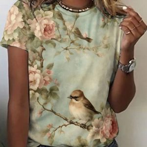 Casual Floral Crew Neck Short Sleeve Vintage T-shirt, T-shirts, color:Lightgreen|size:4XL, catalog Noracora shop