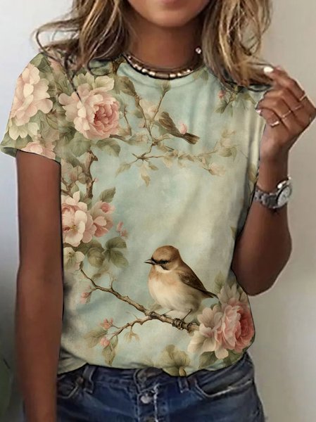 Women's Floral Short Sleeve Tee T-shirt Crew Neck Casual Summer Top, JustFashionNow T-Shirts, color:Lightgreen|size:4XL,