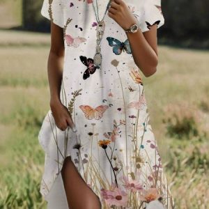 Women Floral Crew Neck Short Sleeve Comfy Casual Midi Dress, Dresses, color:Apricot|size:XXL, catalog Noracora shop
