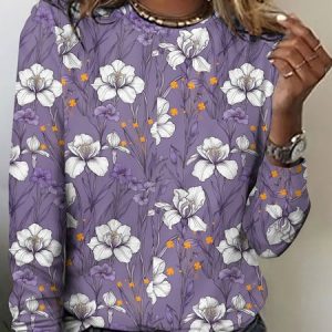 Casual Floral Crew Neck Long Sleeve T-shirt, T-shirts, color:Light Purple|size:5XL, catalog Noracora shop