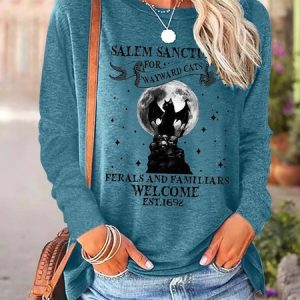 Women Black Cat Bats Casual Halloween Crew Neck Top, Long sleeves, Lilicloth.com