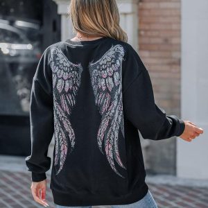 Rhinestone Letter Wings Pattern Crewneck Drop Shoulder Sweatshirt, women Sweats & Hoodies, ChicMe catalog